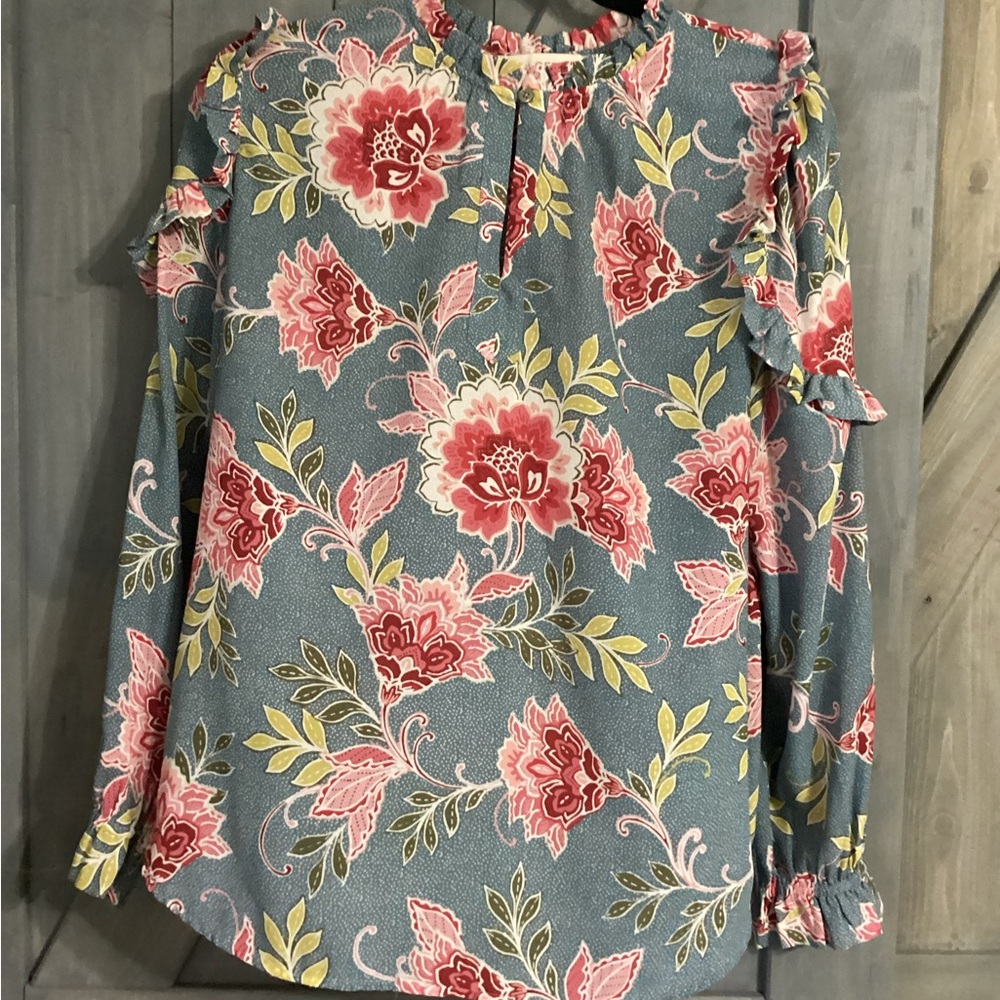 LOFT Floral Ruffle Sleeve Blouse - Blue and Red